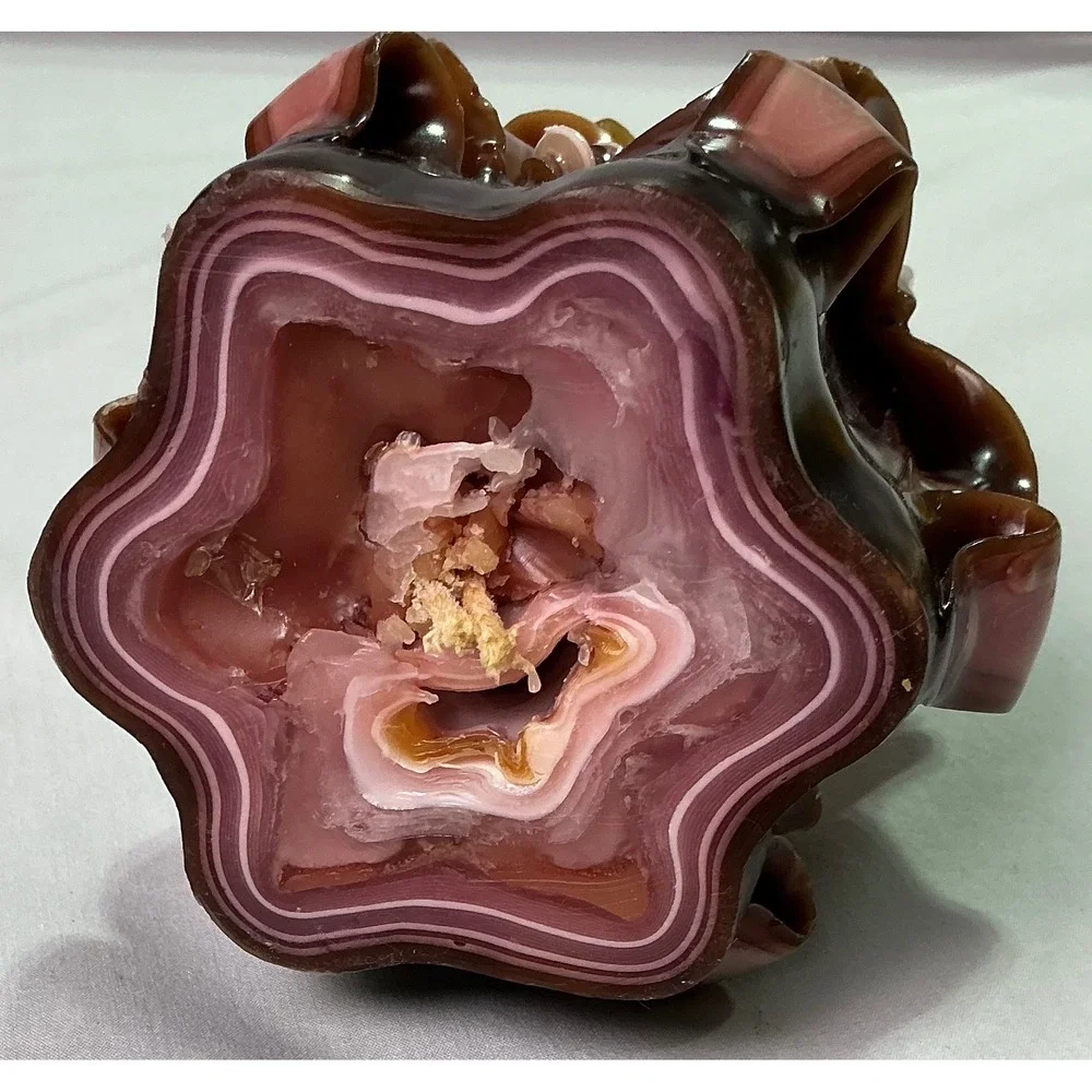 Vintage Hand Carved Layered Pillar Candle Brown Pink Cream Floral Scroll